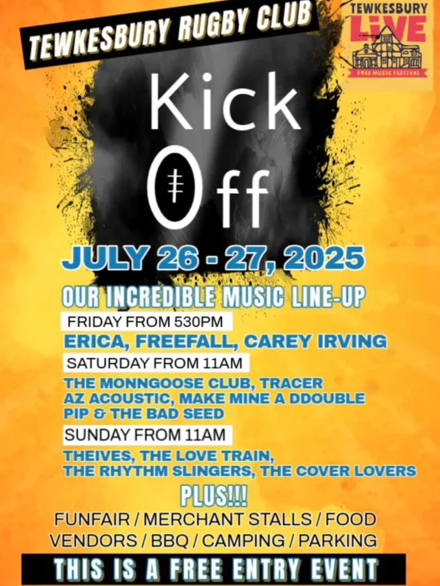 🏉 Only One Week until Tewkesbury Live Kicks Off!

In the lead up to our free music festival, we’re going to be showcasing a couple of our acts each day

But for now here’s an overview of the entire weekend!

Save the date, and stay tuned for more